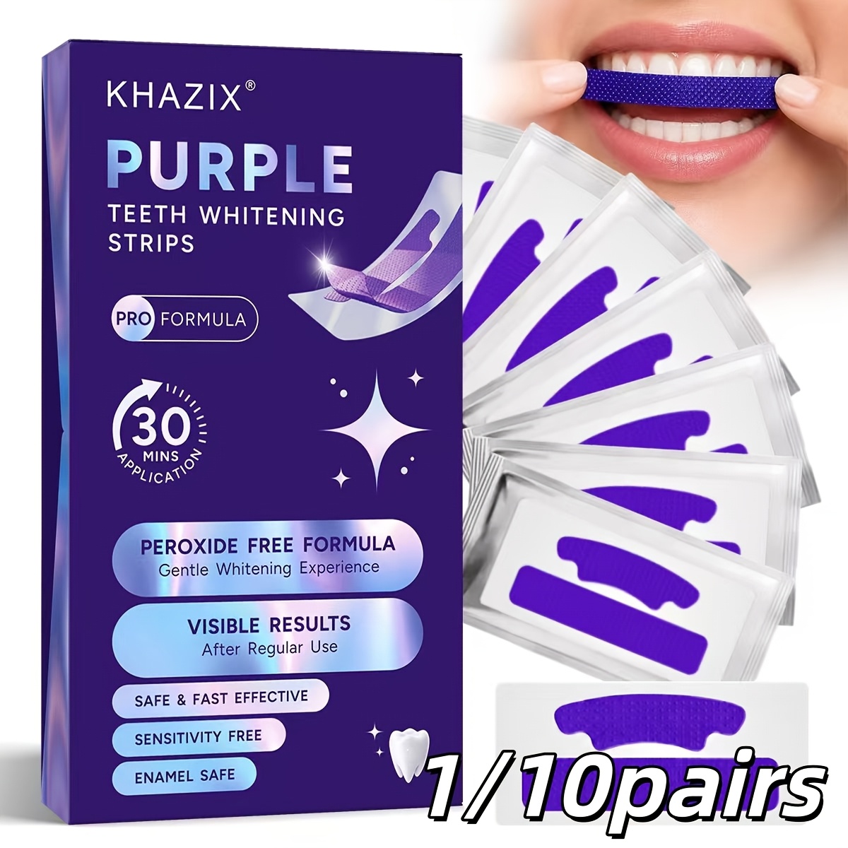 Teeth Whitening Strips Permanent - 1/10 pares de tiras roxas para